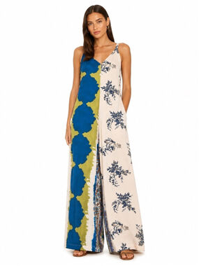 BSB Wear What You Want Romantic Maxi Dress Jumpsuit Blue Green Floral Size L